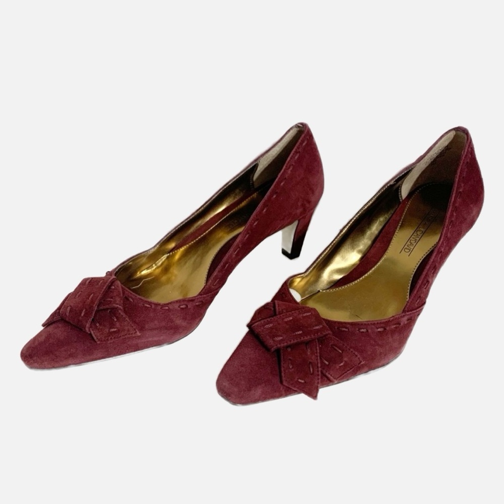 Circa Joan & David Leather Suede Squared Pointed Toe Pumps Heels Bow Accent Vamp